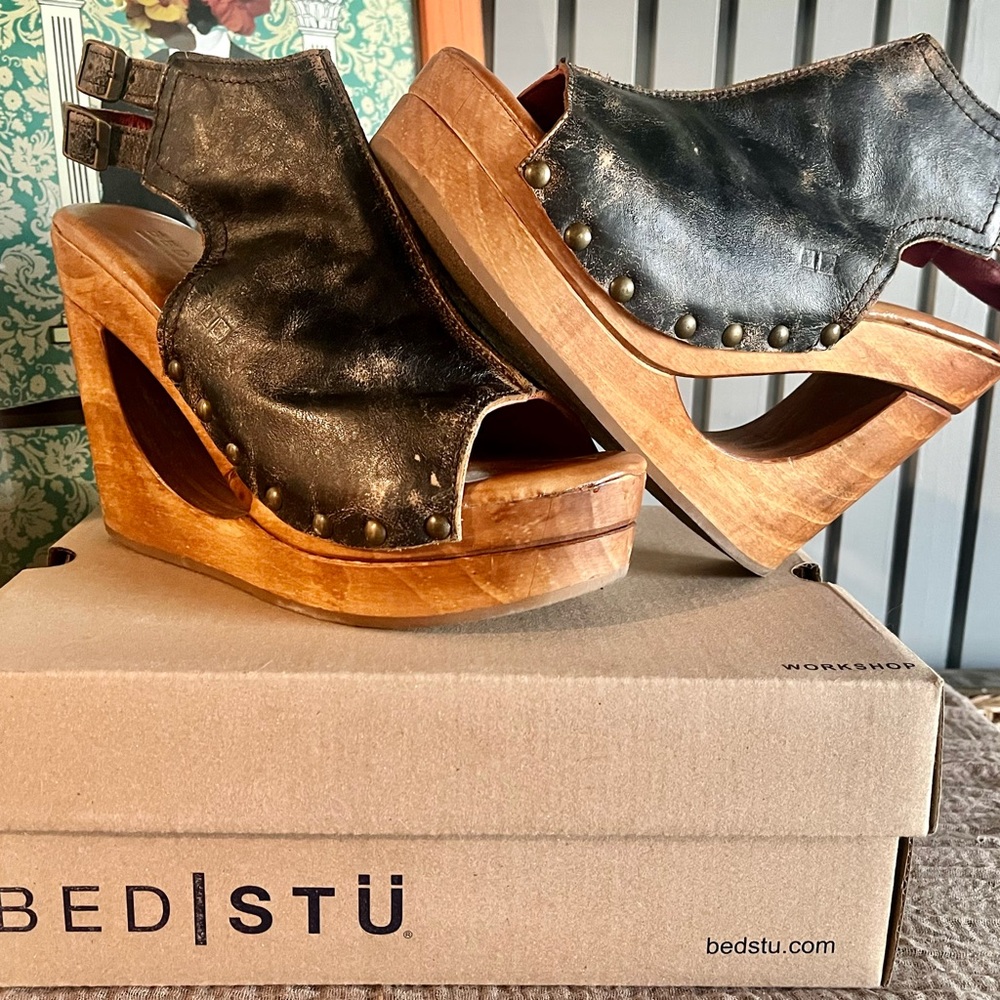 Bed|Stu Black Leather Wedge Sandals: Imelda Black Lux Sandal: NEW W/O TAG
